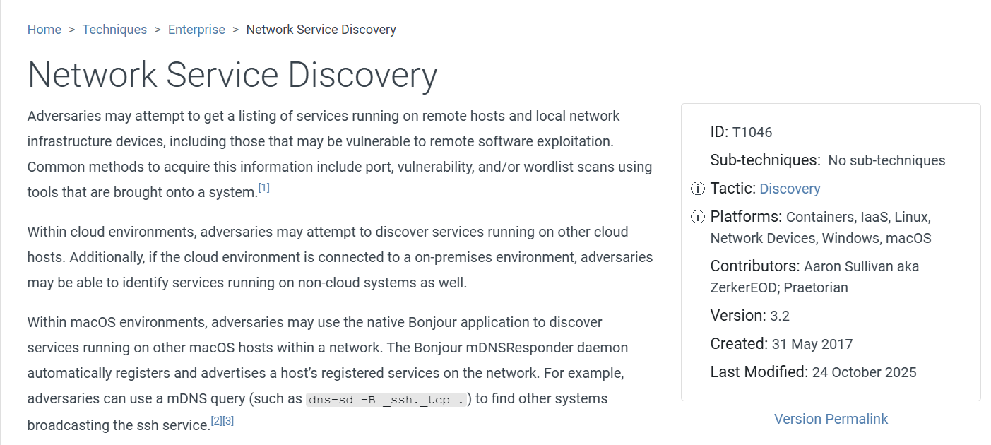 MITRE ATT&CK definition page for T1046: Network Service Discovery.